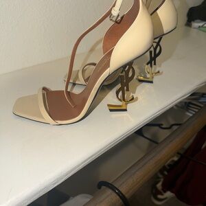 Yves Saint Laurent Cream Heels with Gold Monogram